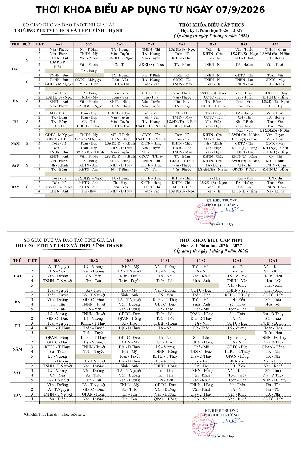 THỜI KHÓA BIỂU ÁP DỤNG TỪ 07/9/2026