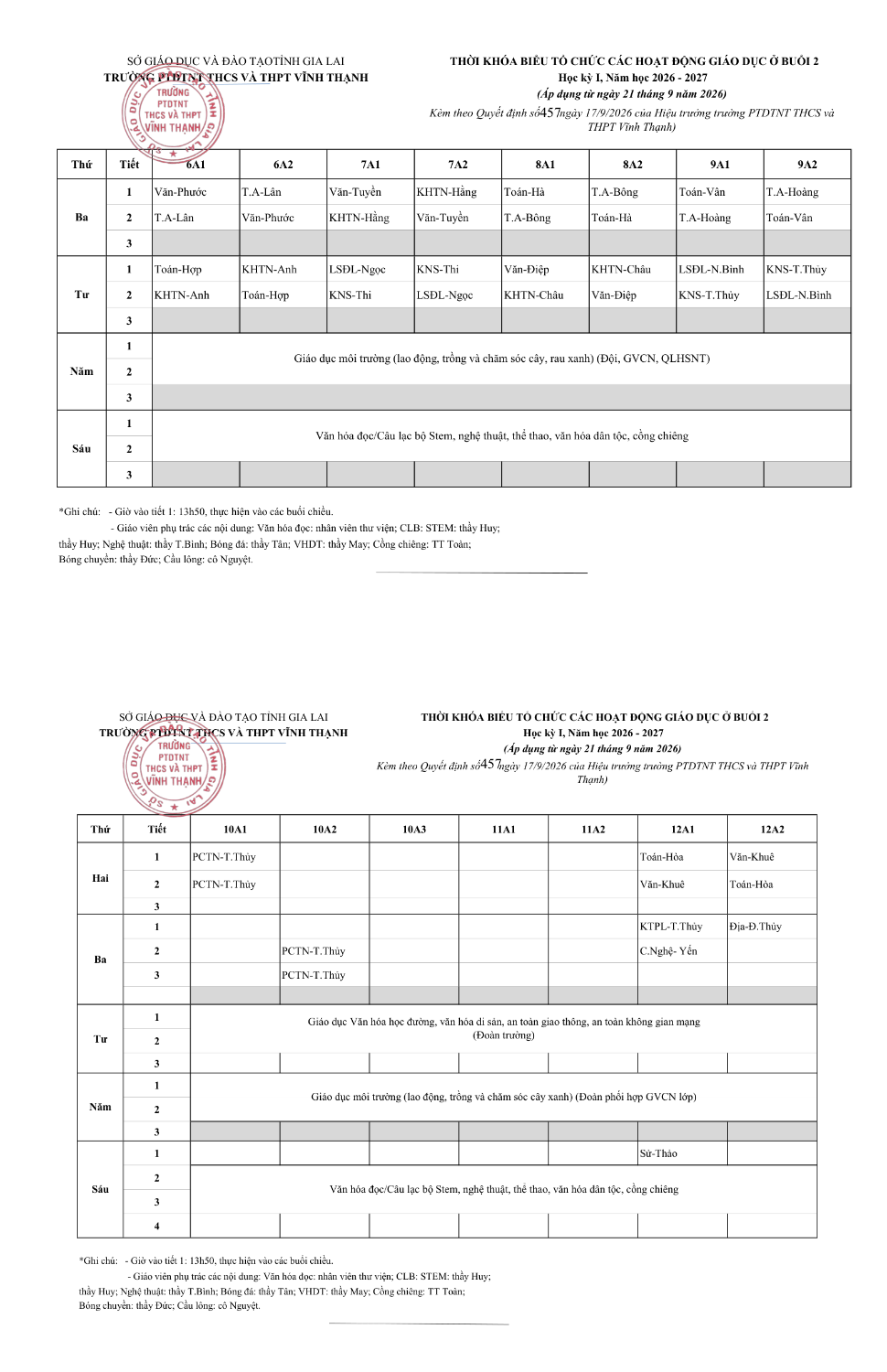 THỜI KHÓA BIỂU DẠY VÀ HỌC BUỔI 2 (Áp dụng từ ngày 21/9/2026)