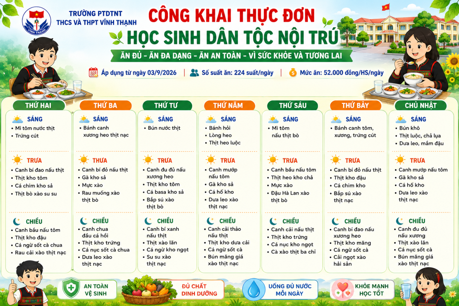 CÔNG KHAI THỰC ĐƠN, CHẾ ĐỘ ĂN HỌC SINH DTNT NĂM HỌC 2026-2027