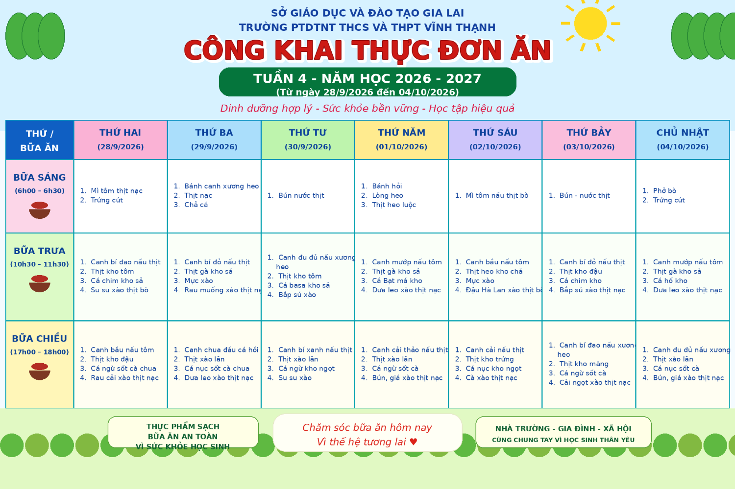 CÔNG KHAI THỰC ĐƠN, CHẾ ĐỘ ĂN HS DTNT TUẦN 4 - NH 2026-2027