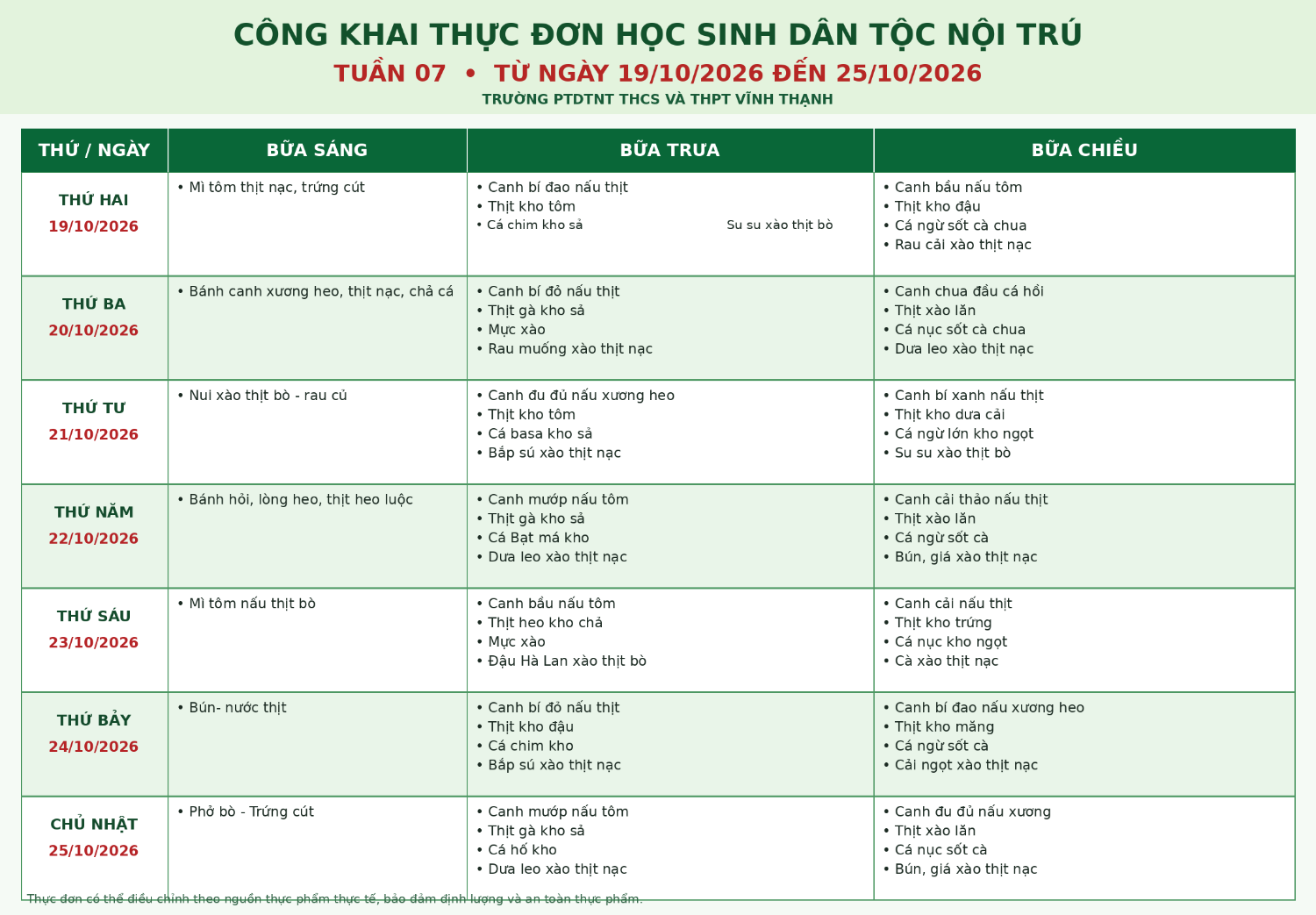 CÔNG KHAI THỰC ĐƠN, CHẾ ĐỘ ĂN HS DTNT TUẦN 7 - NH 2026-2027